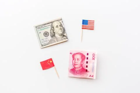 Creative top view flat lay of USA and China flags and cash money, mockup and  Stock Photos