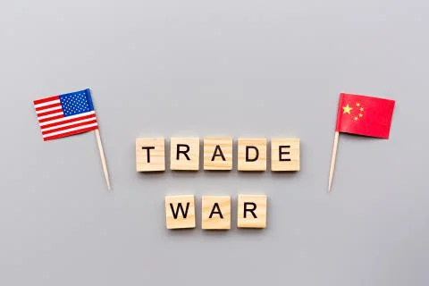 Creative top view flat lay of China and USA flags, mockup and copy space on g Stock Photos