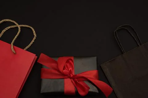 Creative top view, flat view for online shopping, gift box and two shopping bags Stock Photos