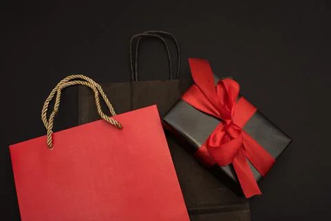 Creative top view, flat view for online shopping, gift box and two shopping bags Stock Photos