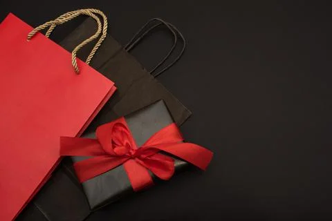 Creative top view, flat view for online shopping, gift box and two shopping bags Stock Photos