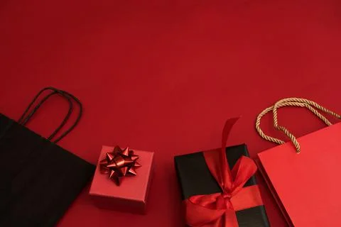 Creative top view, flat view for online shopping, gift boxes, package. E Stock Photos