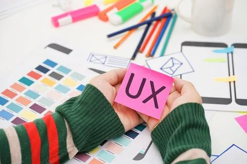 Creative top view photo of UX UI designer working space. User experience conc Stock Photos