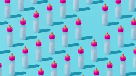 Creative toy baby bottle pattern flat lay on pastel blue background minimalism Stock Footage 331715068