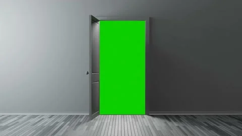 Creative transition. Opening door in empty room with chromakey. Design template. Stockbeeldmateriaal 201190636