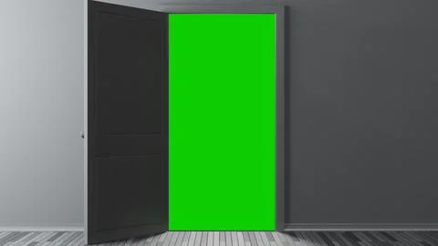 Creative transition. Opening door in empty room with chromakey. 3d render. 스톡 일러스트