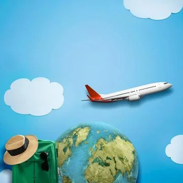 Creative travel collage featuring a white airplane flying over the Earth gl.. Fotos Stock