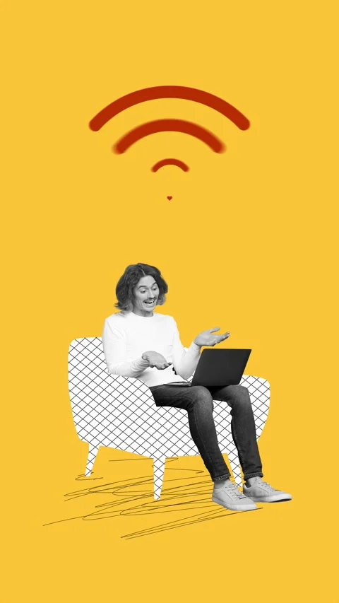 Creative trend 3d motion collage video of happy blogger man sit armchair laptop Stock Footage 310671230