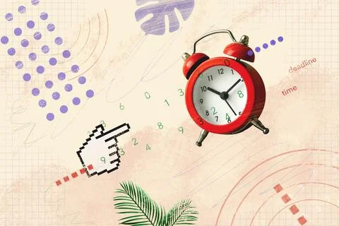Creative trend collage alarm clock and pixel mouse pointer Stock Photos