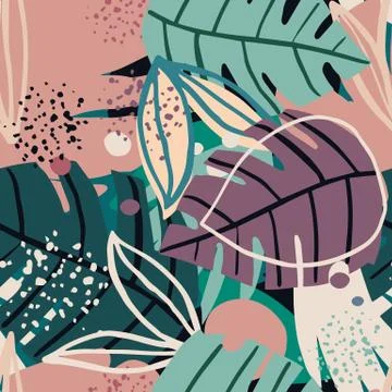 Creative tropical hand drawn textures. Contemporary exotic floral seamless pa Stock Illustration