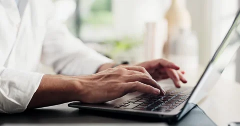 Creative, typing and hands with laptop, home office and copywriting on social Stock Footage 329401511