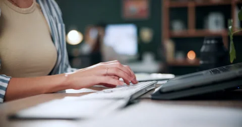 Creative, typing and hands with laptop in office, graphic designer and digital Stock Footage 336304474