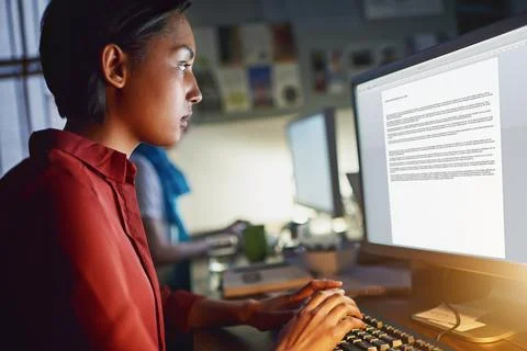 Creative, typing and woman with computer screen in office, copywriting or email Stock Photos