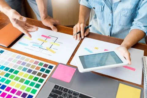 Creative UI designer teamwork meeting planning designing wireframe layout  ap Foto stock