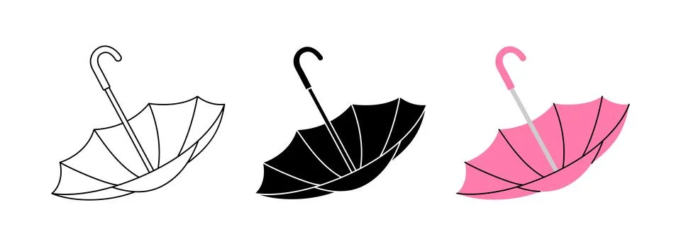Creative umbrella icon set with flowing canopy in outline, black and pink colors Stock Illustration