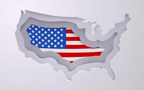 Creative USA map with flag colors in paper cut style. Stock Illustration
