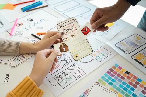 Creative UX UI Design Process with Wireframes and Prototypes for Mobile App Stock Photos