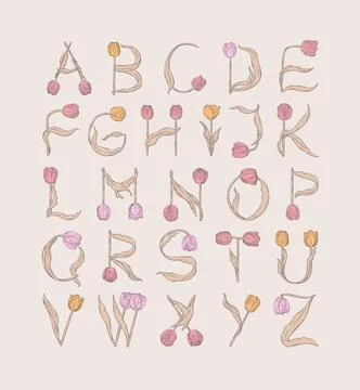 Creative vector floral alphabet made of beautiful tulip flowers. Complete upp Stock Illustration