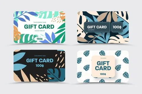Creative vector gift card with blue, green, nude tropical leaves, palms, mons Stock Illustration