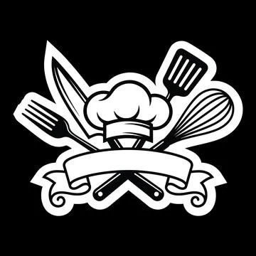 Creative vector logo design showing chef toque with crossed fork knife whis.. Stock Illustration