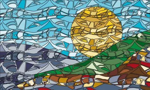 Creative vector mosaic stained glass background with sun, sea and mountains Illustrazione stock