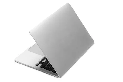 Creative version of an half opened laptop computer on a white background Stock Photos