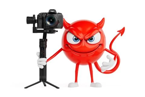 Creative Video Production Concept. Red Devil Cartoon Character Holding Prof.. Stock Illustration