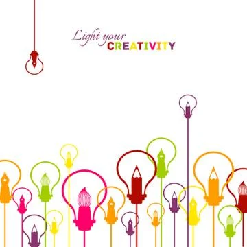 Creative visualisation of light bulbs and graphic design instruments backgrou Illustrazione stock