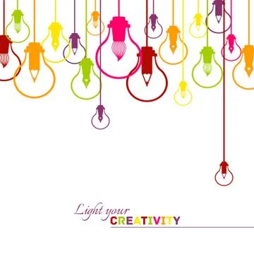 Creative visualisation of light bulbs and graphic design instruments background Stock Illustration