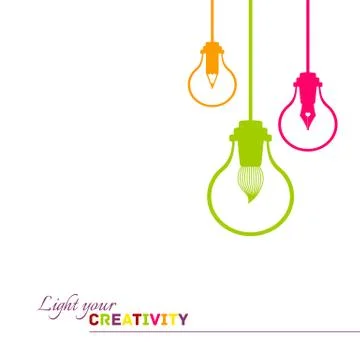 Creative visualisation of light bulbs and graphic design instruments background Illustrazione stock