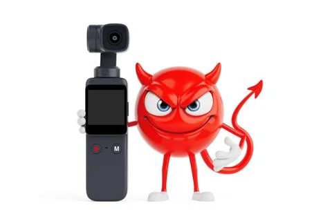 Creative Vlogging Concept. Red Evil Cartoon Character Holding Compact Video.. Stock Illustration