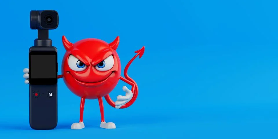 Creative Vlogging Concept. Red Evil Cartoon Character Holding Compact Video.. Stock Illustration