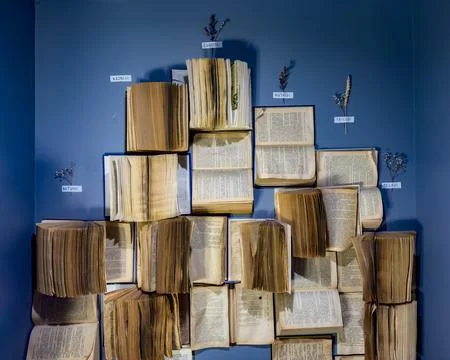 Creative Wall Display of Open Books and Dried Flowers Stock Photos