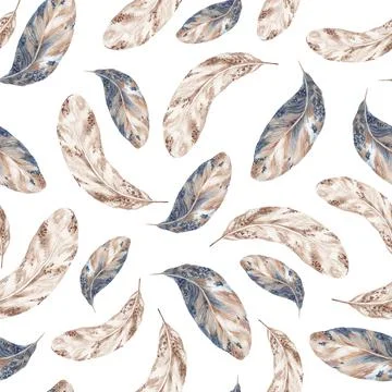 Creative watercolor pattern with brown and blue feathers Stock Illustration
