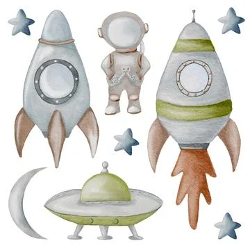 Creative watercolor pattern featuring baby astronauts and rockets for playf.. Stock Illustration