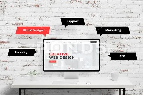 Creative web design agency page with UI, UX design services mockup scene crea PSD Template