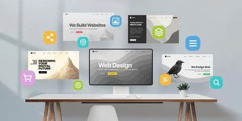 Creative web design scene with desktop screen, multiple site layouts in air Stockfoto's