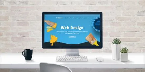 Creative web design studio concept with web presentation on modern computer d 스톡 사진