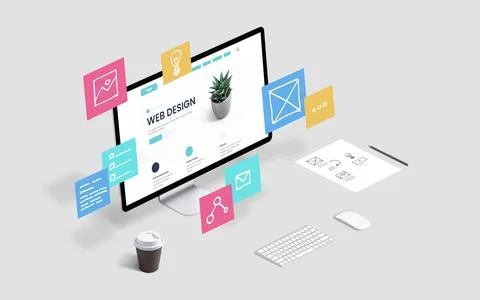 Creative web design studio with flying web page layout elements concept Stock Photos