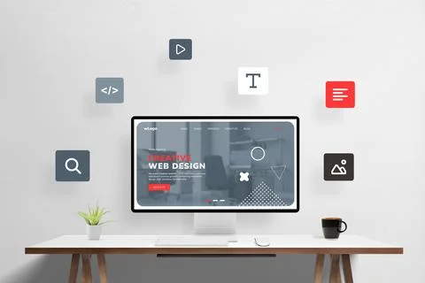 Creative web design studio illustration. Computer display with modern webpage 스톡 사진