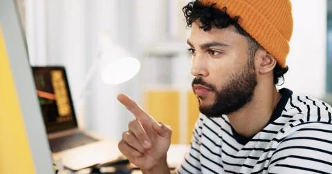 Creative, web designer and man on computer pointing for software, website update 스톡 사진