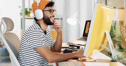 Creative, web designer and man on computer in office for software, website Foto stock