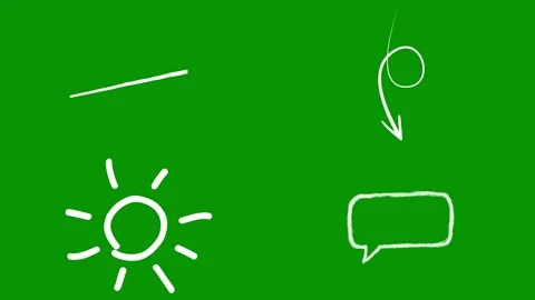 Creative white hand drawn sketch elements on bright chromkey green screen Video stock 346825402