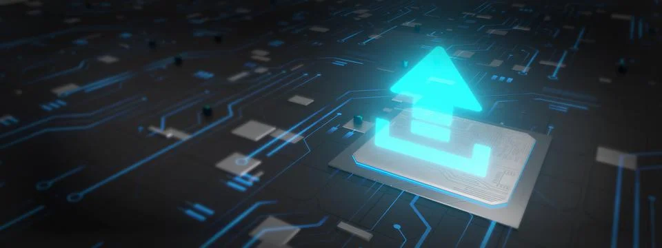 Creative wide perspective glowing upload hologram on blue background. Databas Illustrazione stock
