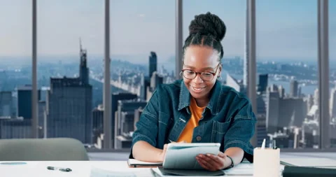 Creative, woman and tablet with notebook in office for article schedule, story Stock Footage 321993642