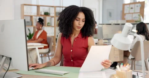 Creative, woman or computer with document in office for editing manuscript, fact Stock Footage 323509453