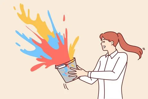 Creative woman splashes multicolored liquid paint from bucket to make world Stock Illustration