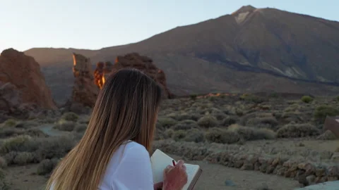 Creative woman taking notes in a diary in Teide National Park, Canary Islands Stock Footage 319928949