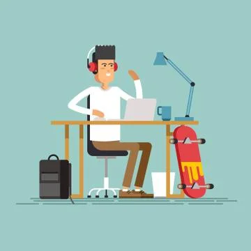 Creative work concept vector background with young adult man Stock Illustration