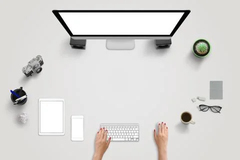 Creative work desk scene with devices. Woman work on computer. Isolated, whit Stock Photos